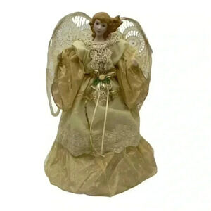 Christmas Angel Tree Topper Wings Gold Gown Lace Porcelain Hands & Head Vintage